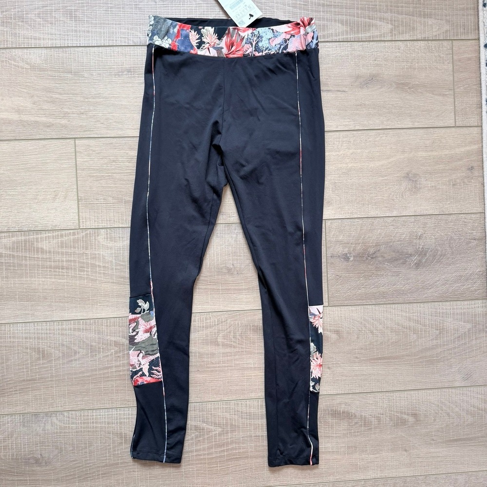 Zara Leggings Womens Small Black Floral Side Stripe High Waist Activewear NWT
